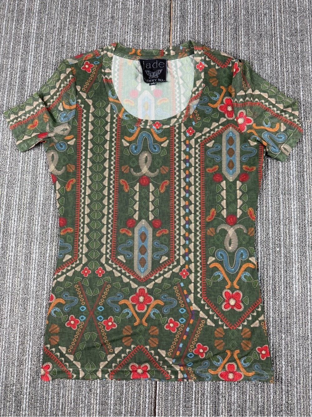 Jade Johnny Was Mesh Green Patterned Short-Sleeve Women's Top